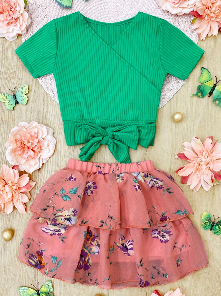 Cute Spring Outfits | Girls Ribbed Wrap Top & Tiered Ruffle Skirt Set