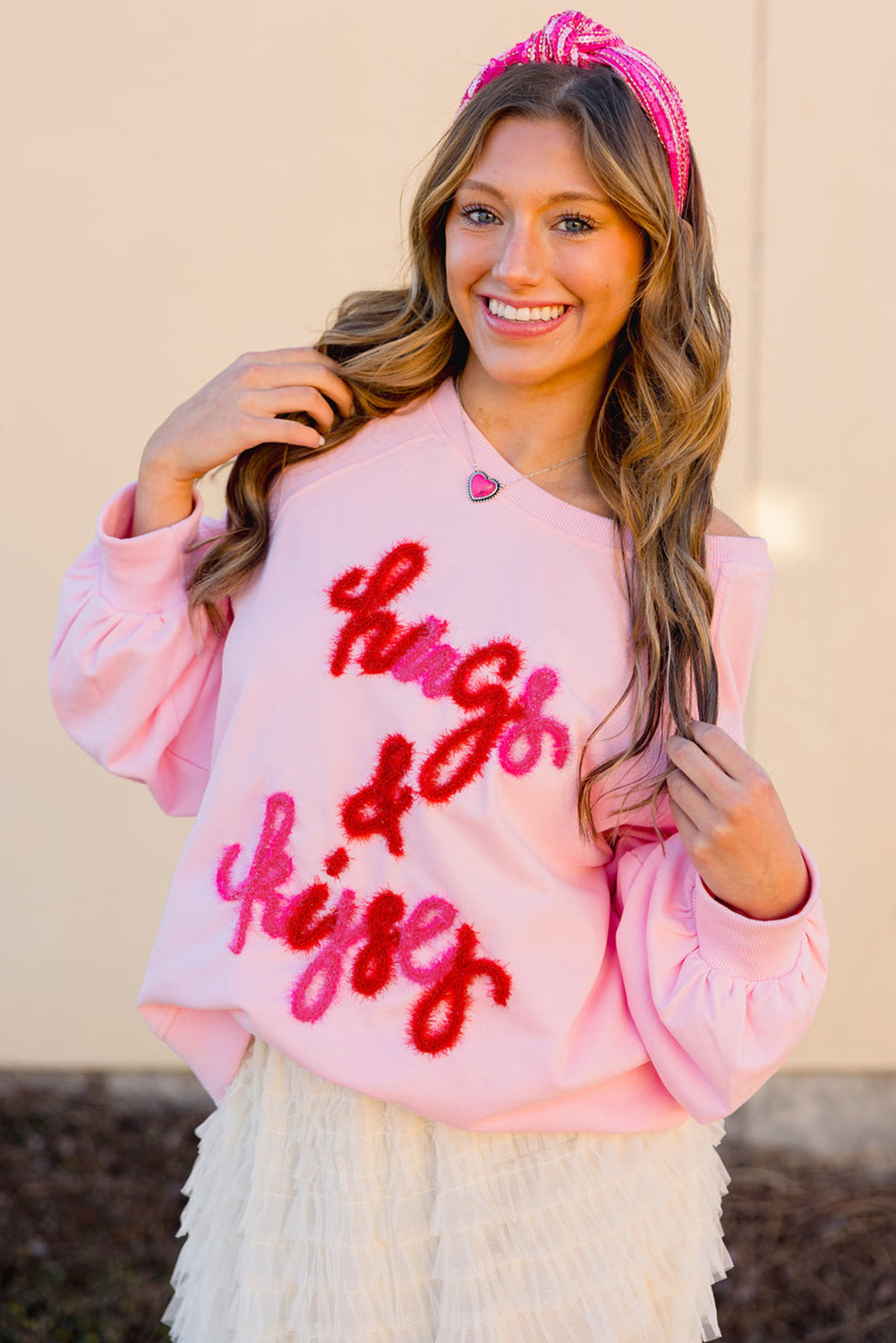 Womens Pink Hugs and Kisses Pop Up Embroidered Raglan Sleeve Sweatshirt