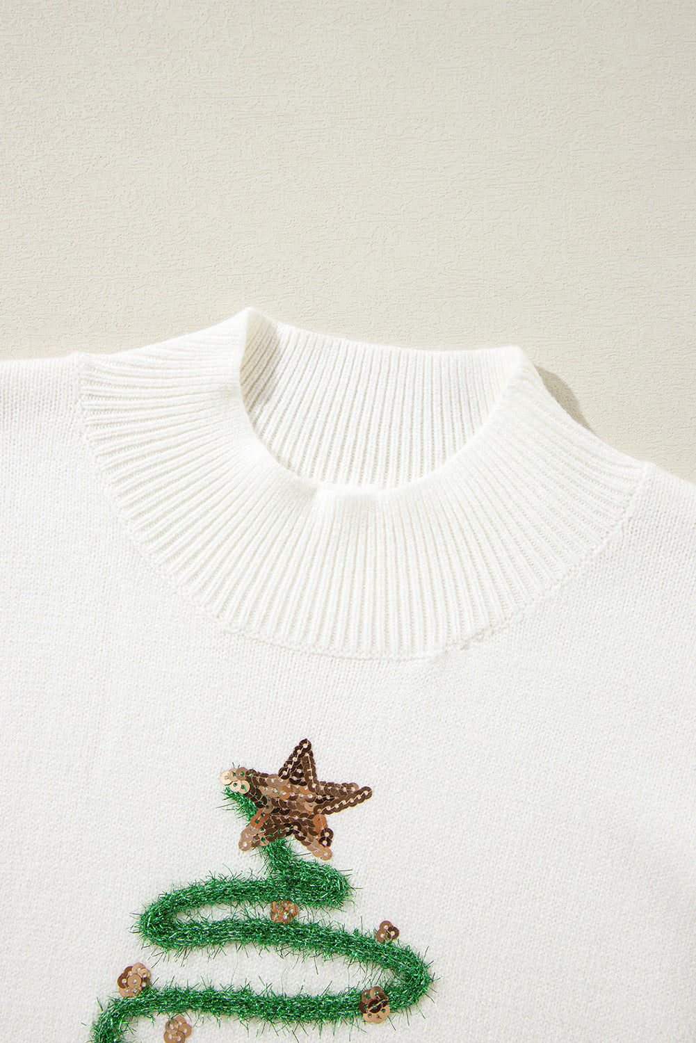 Womens White Tinsel Christmas Tree Puff Sleeve Sweater