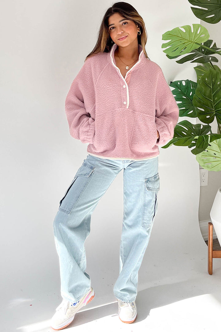 Womens Pink Half Button Plush Sweatshirt