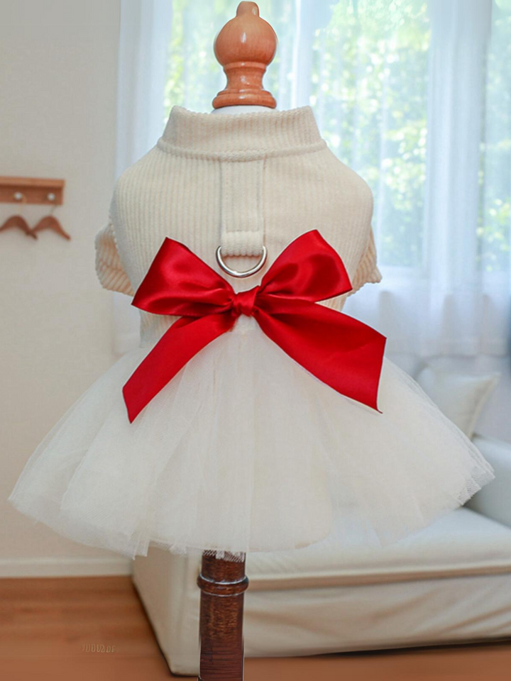 Winter Warm Dog Girls Sweater Dress with Bowtie Tutu Skirt and D Leash Ring