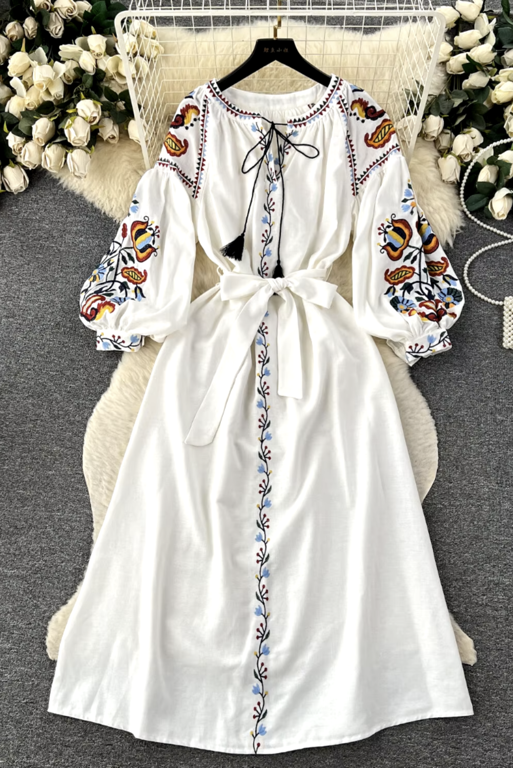 Womans Bohemian Embroidered A-Line Dress with Lace-Up Neckline and Waist Tie