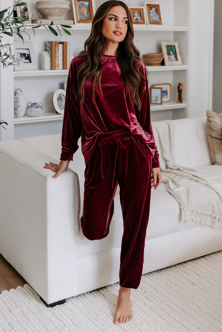 Womens Luxurious Burgundy Velvet Two-Piece Lounge Set