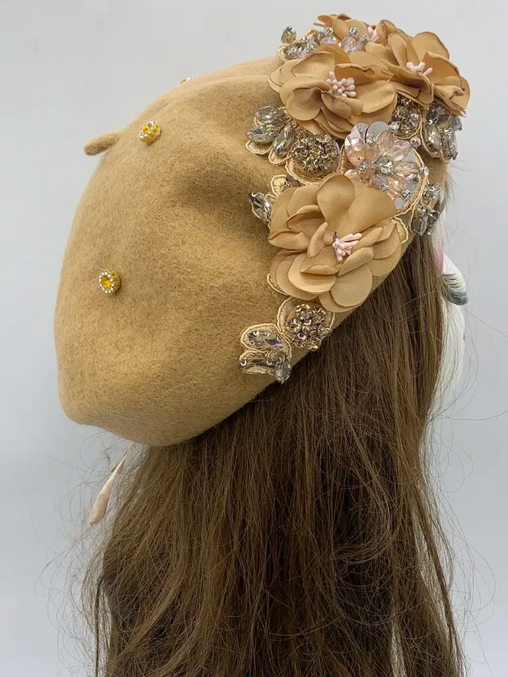 Fall Chic Unique Designer Luxury Flower with Rhinestone Beret