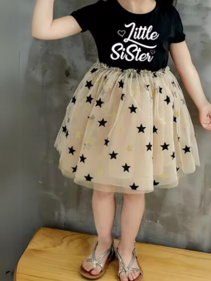 Girls Little Sister Tulle Dress with Gold Stars