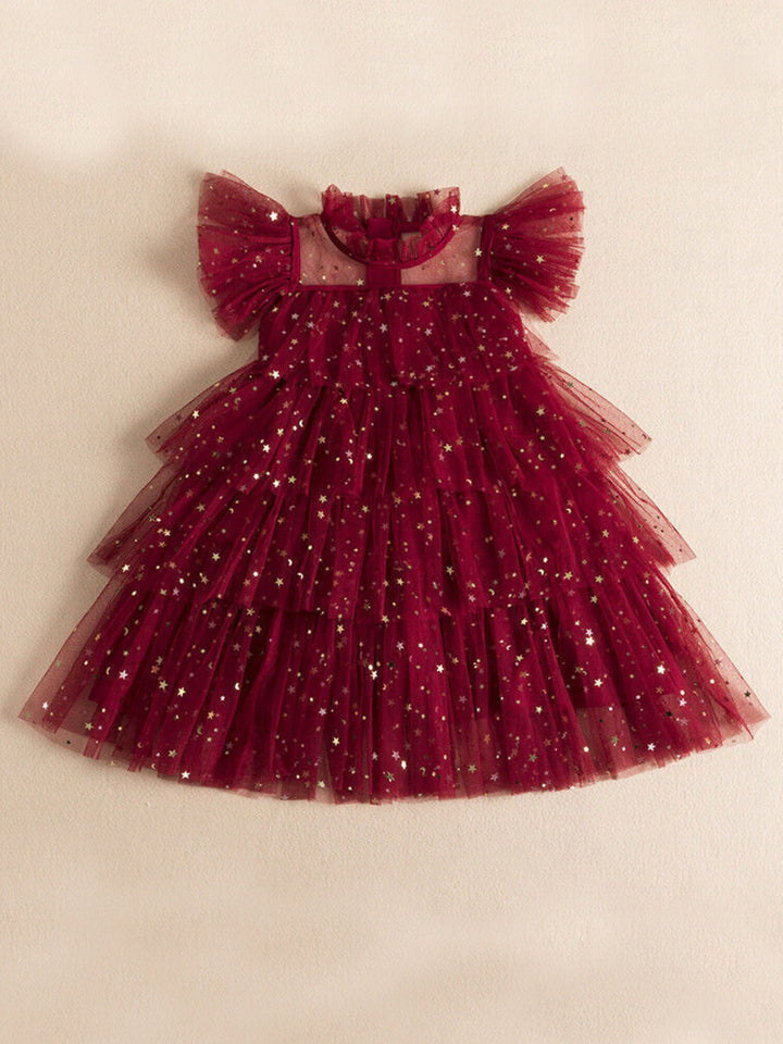 Mia Belle Girls Red Star Sequin Tiered Tulle Dress | Girls Dresses