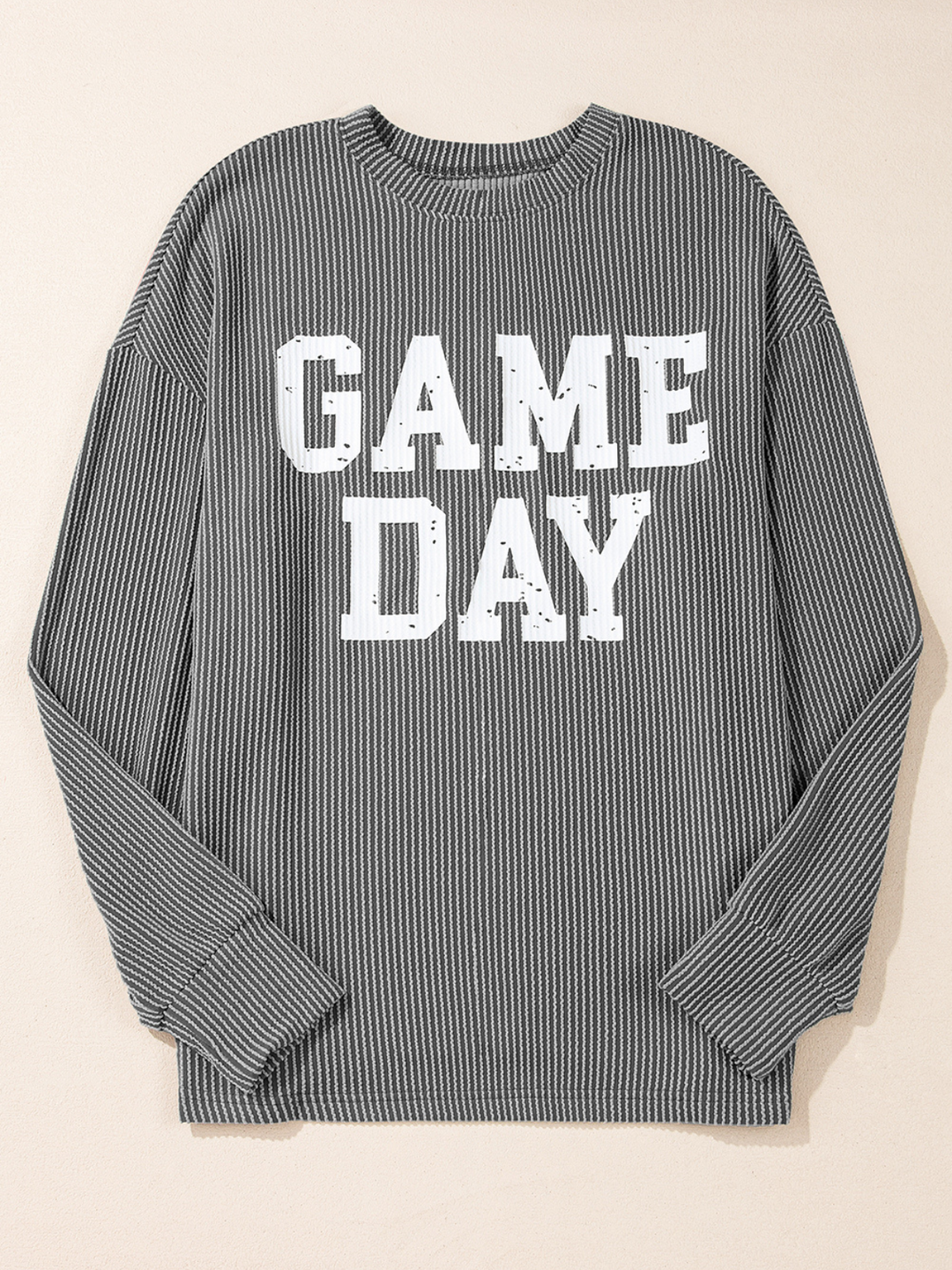 Dunkelgraues, geripptes Top mit Rundhalsausschnitt und Grafik „GAME DAY“