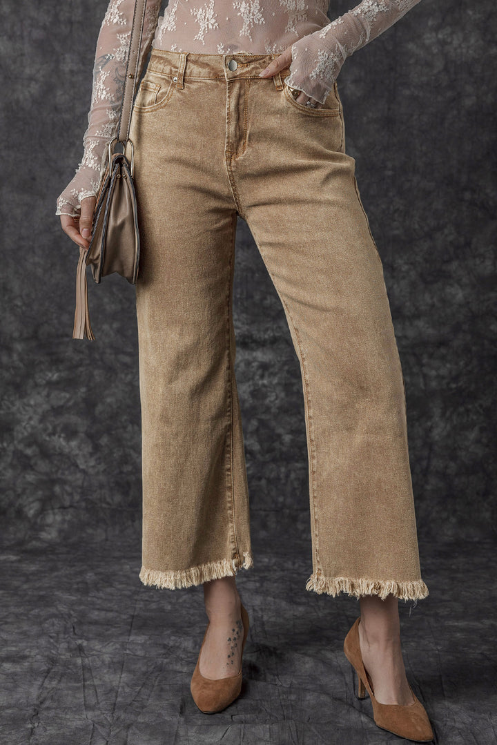 Womens French Beige Acid Washed High Rise Cropped Wide Leg Jeans