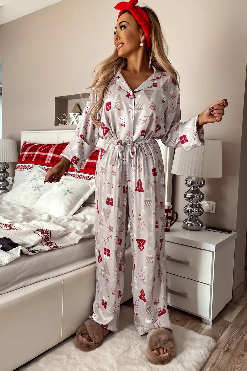 Womens Light Grey Christmas Printed Shirt and Pants Pajama Set