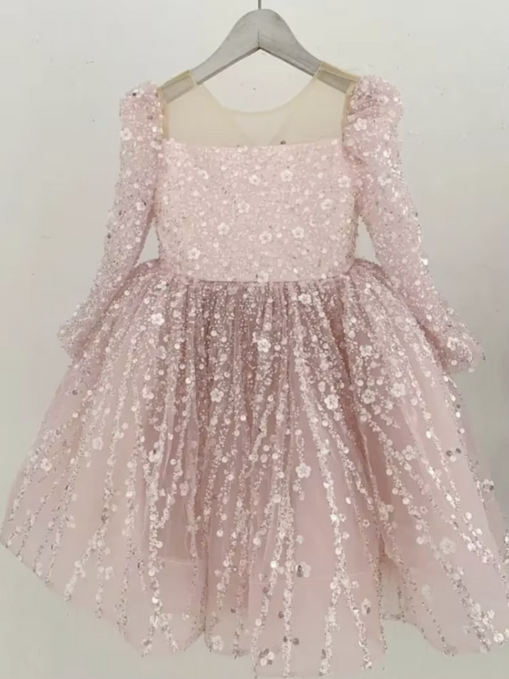 Girls Sparkling Sequins Long Sleeve Puffy Princess Party Dress