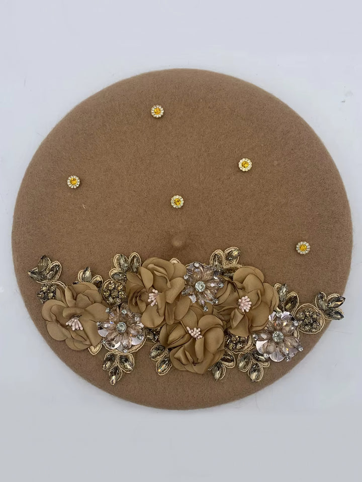 Fall Chic Unique Designer Luxury Flower with Rhinestone Beret