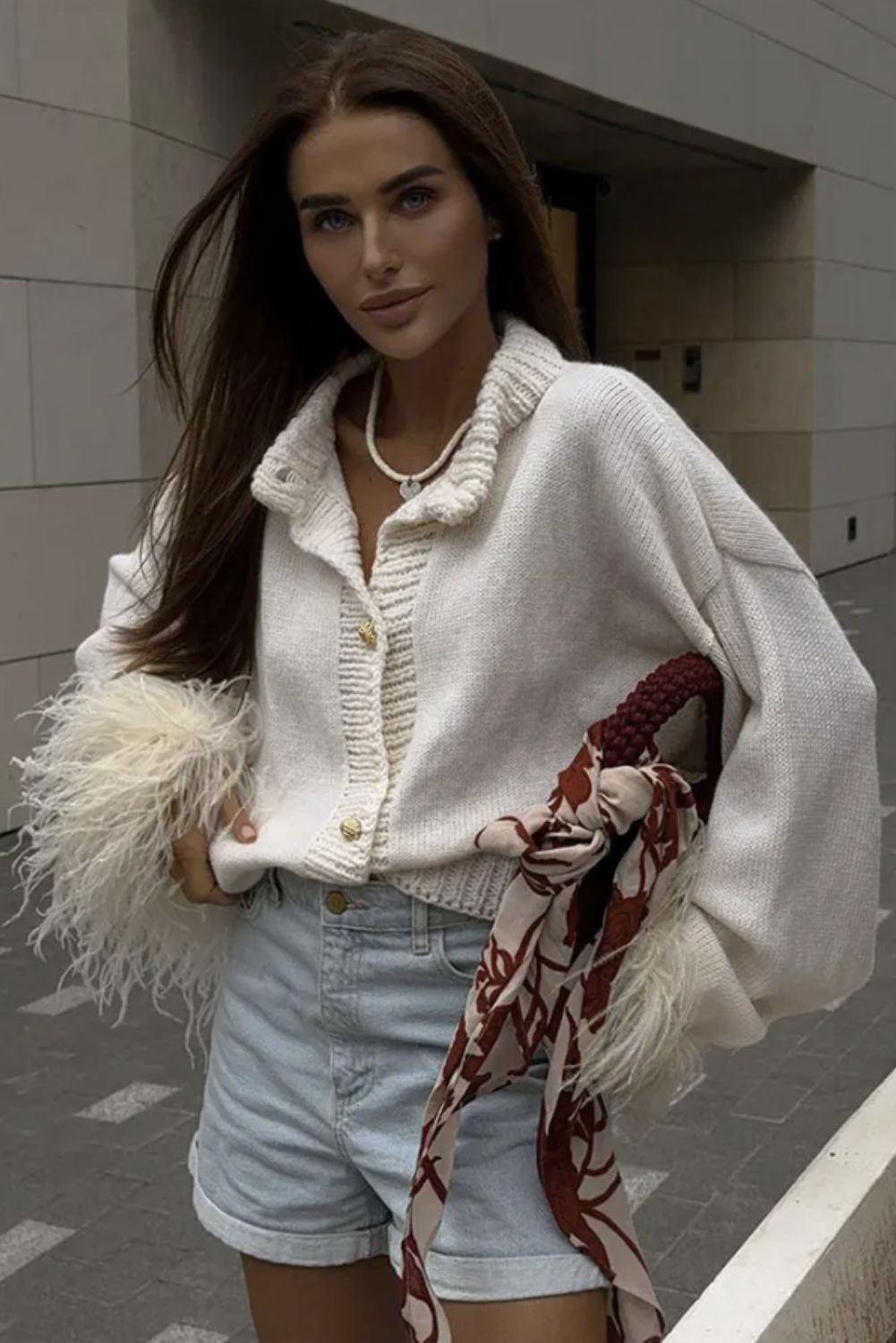 Womans Chic Feather Cuff Cardigan with Gold Button Detail