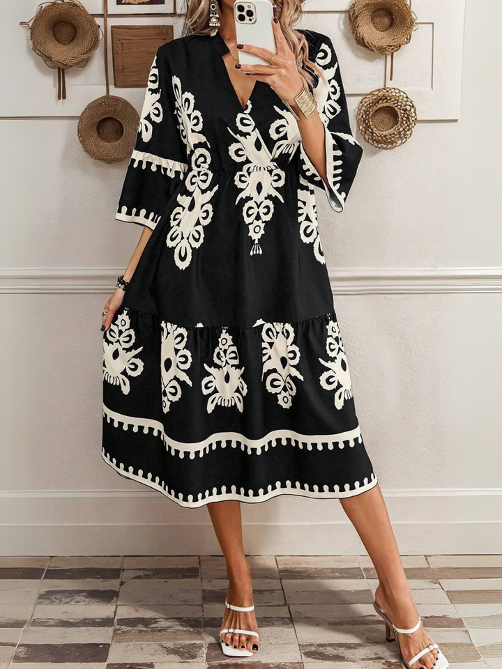 Womens Black Western Geometric Print 3/4 Sleeve Loose Midi Dress