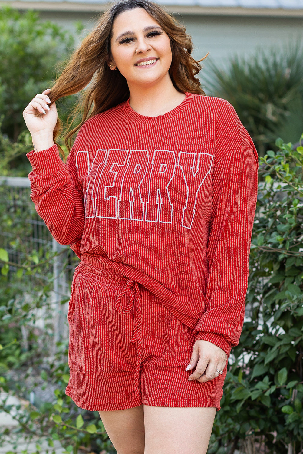 Womens Racing Red MERRY Ribbed Knit Long Sleeve Lace-up Waist Plus Size Lounge Set