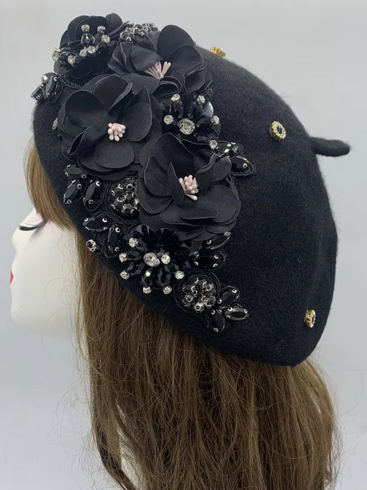 Fall Chic Unique Designer Luxury Flower with Rhinestone Beret