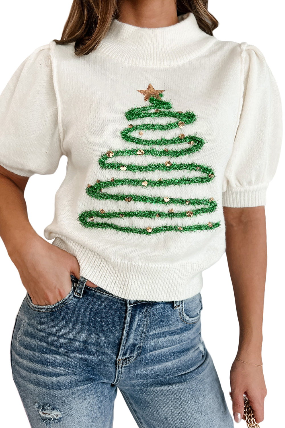 Womens White Tinsel Christmas Tree Puff Sleeve Sweater