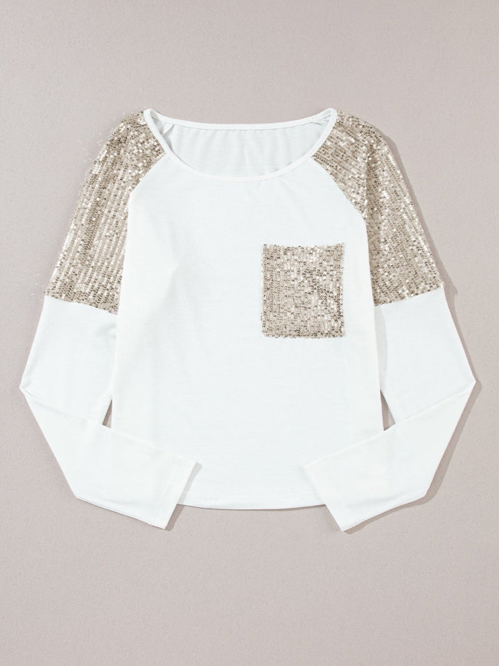 Womens White Sequin Patch Chest Pocket Raglan Sleeve Top