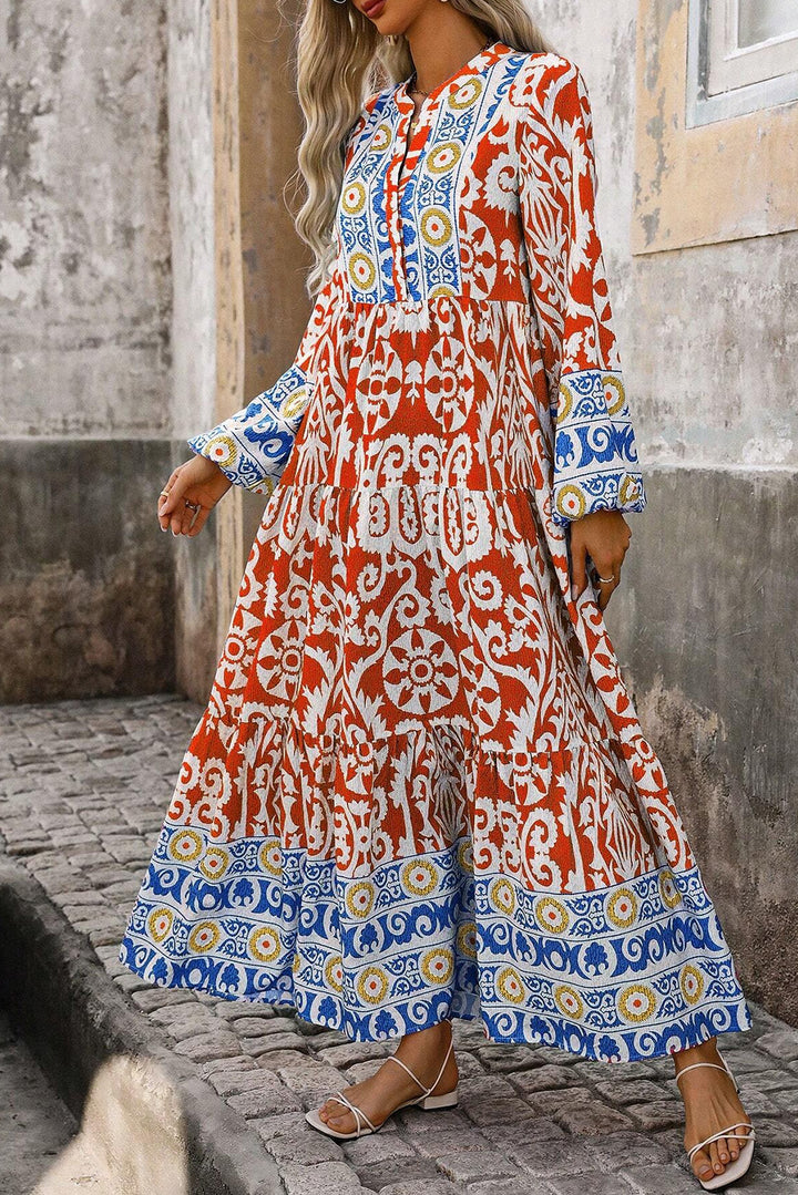 Womens Orange Boho Geometric Printed Long Sleeve Maxi Dress