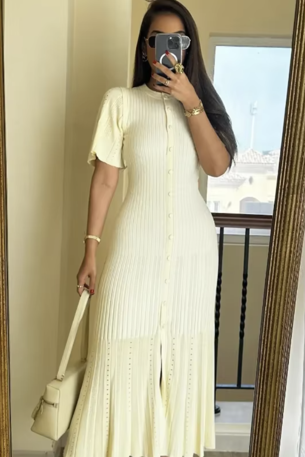 Womans Elegant Ribbed Knit Button-Front Midi Dress