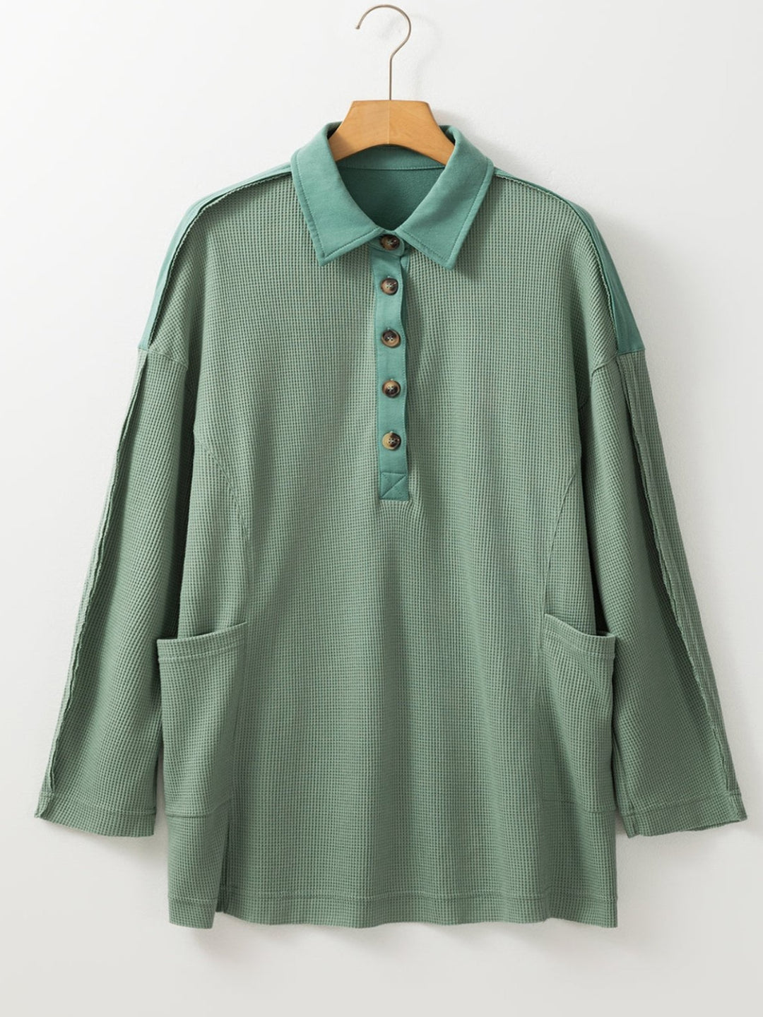 Sage Green Waffle Knit Button-Up Loose-Fit Collar Top