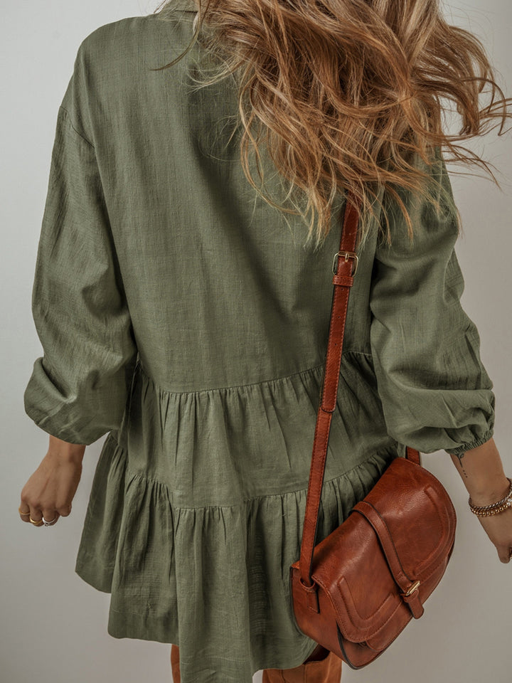 Womens Olive Puff Sleeve Tiered Button-Up Tunic Dress