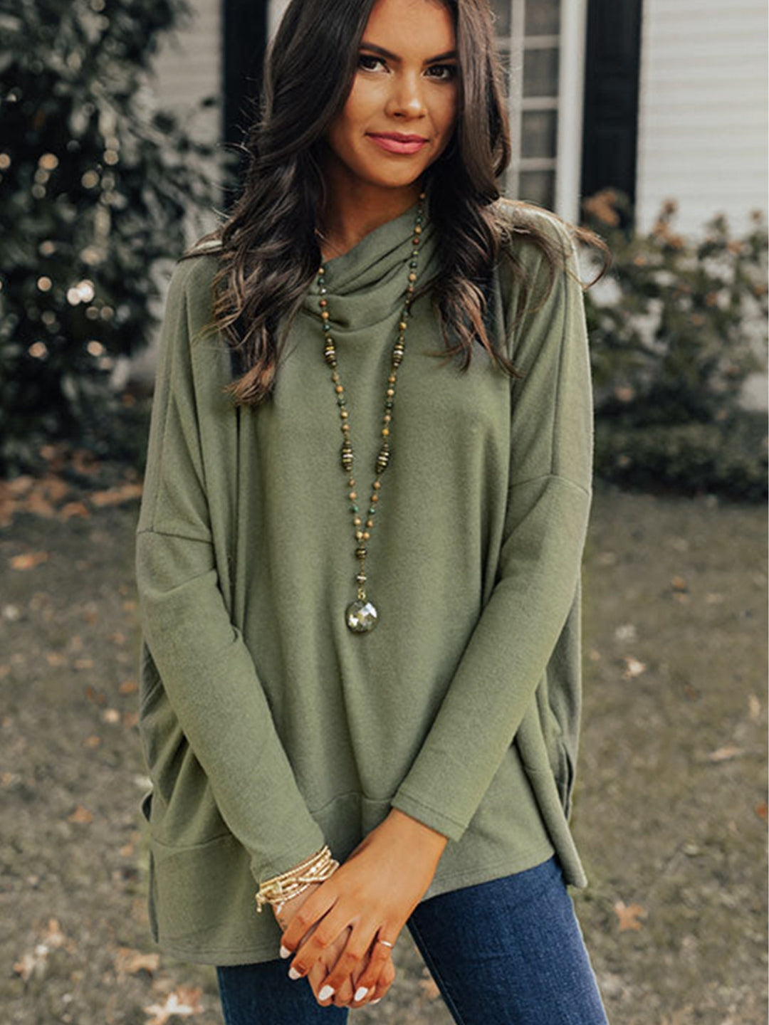 Womens Olive Green Cowl Neck Long Sleeve Tunic Top