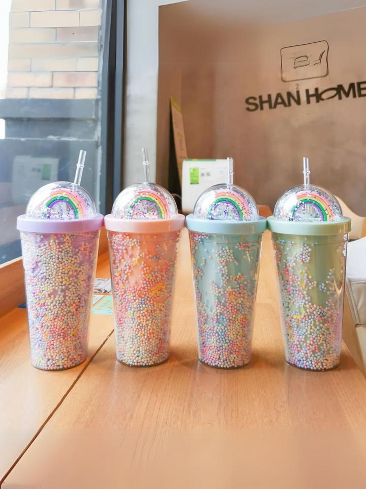 Girls Rainbow Sparkle Tumbler with Straw - Large Capacity Double Layer Cup