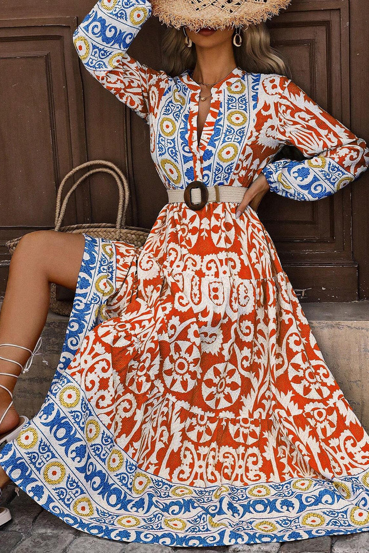 Womens Orange Boho Geometric Printed Long Sleeve Maxi Dress