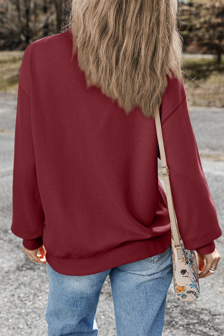 Womens Burgundy Plain Drop Shoulder Crewneck Pullover Sweatshirt