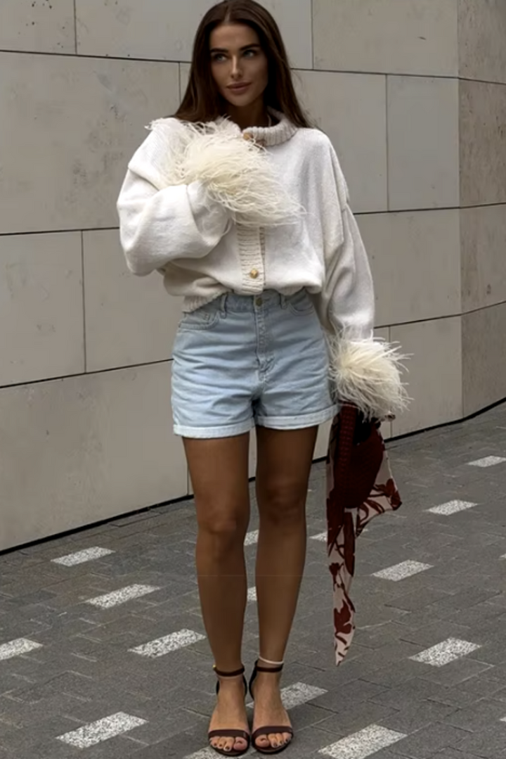 Womans Chic Feather Cuff Cardigan with Gold Button Detail