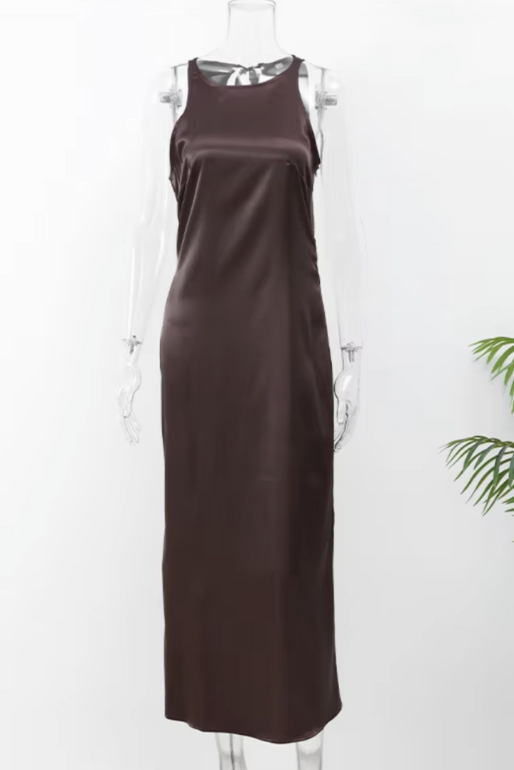 Womans Chic Sleeveless Satin  with Round Neck Maxi Dress