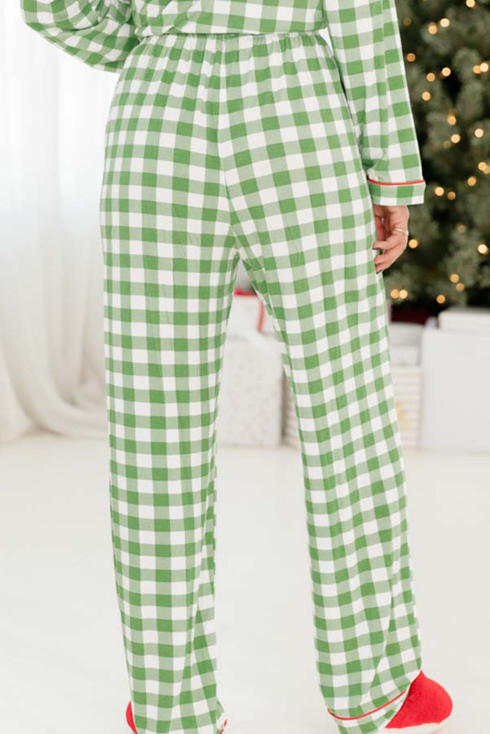 Womens Light Green Christmas Plaid Print Shirt and Pants Pajama Set