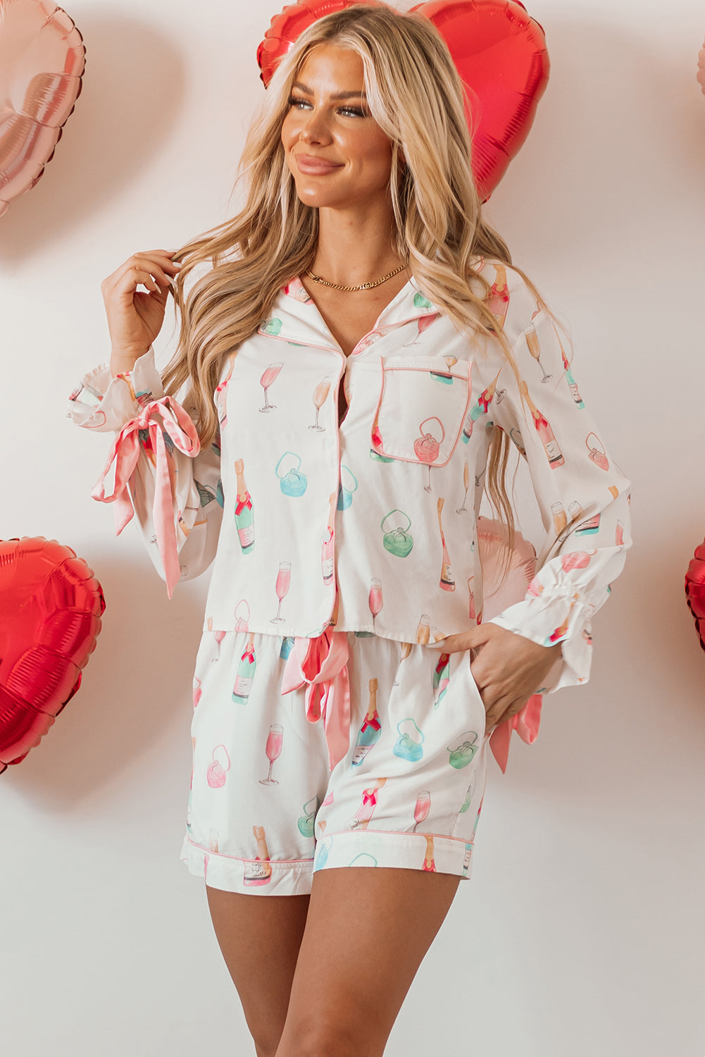 Womens  White Festive Champagne and Wine Glass Print Bow Knot Pajama Set