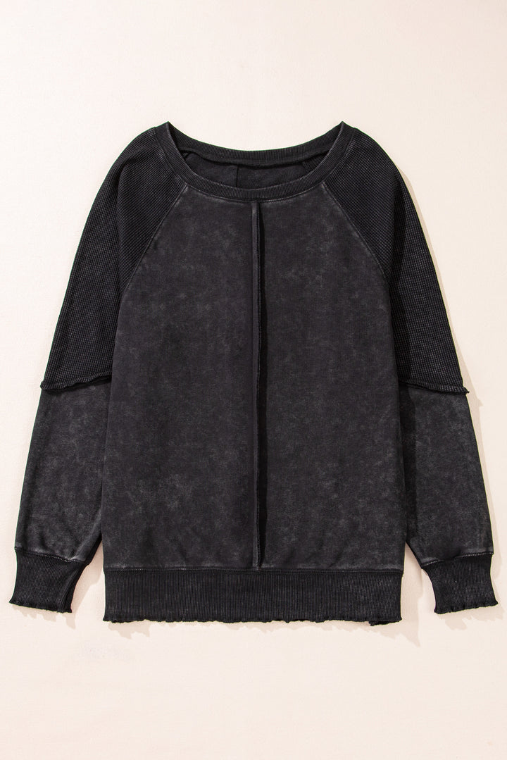 Womens Black Waffle Knit Raglan Sleeve Patchwork Sweatshirt