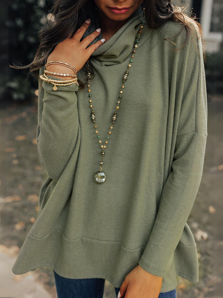 Womens Olive Green Cowl Neck Long Sleeve Tunic Top