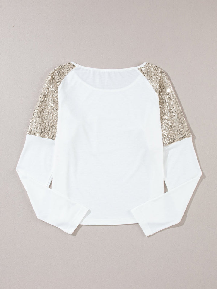 Womens White Sequin Patch Chest Pocket Raglan Sleeve Top