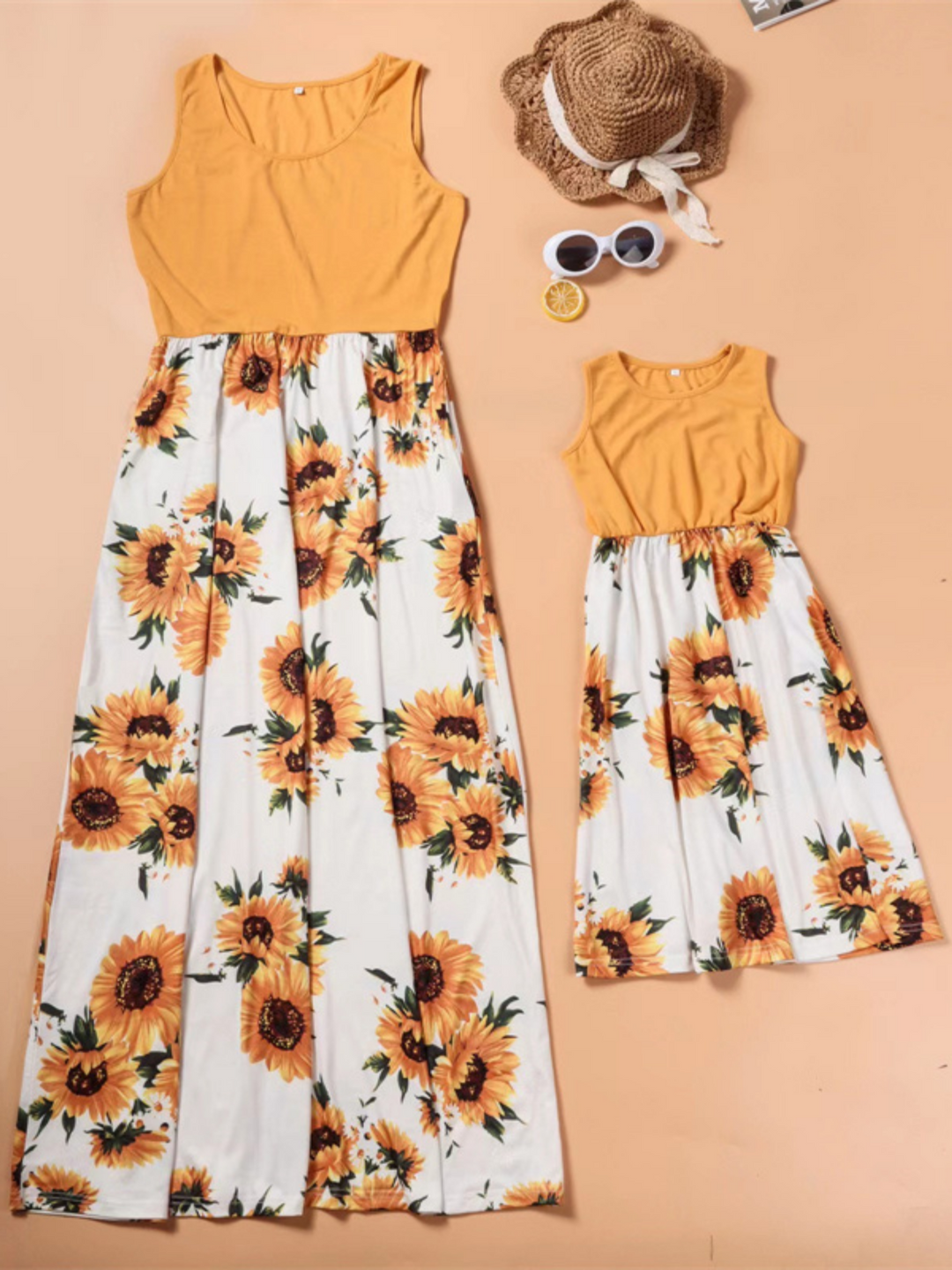 Mommy and me sleeveless maxi dress with yellow tank top bodice and sunflower print skirt - Mia Belle Girls