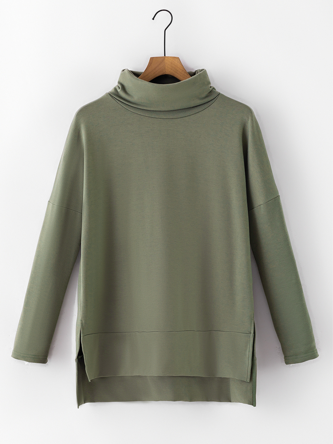 Womens Olive Green Cowl Neck Long Sleeve Tunic Top