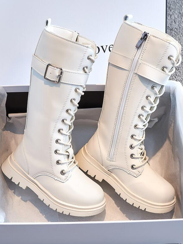 Kids Shoes By Liv & Mia | Girls White Knee High Zip Up Combat Boots 