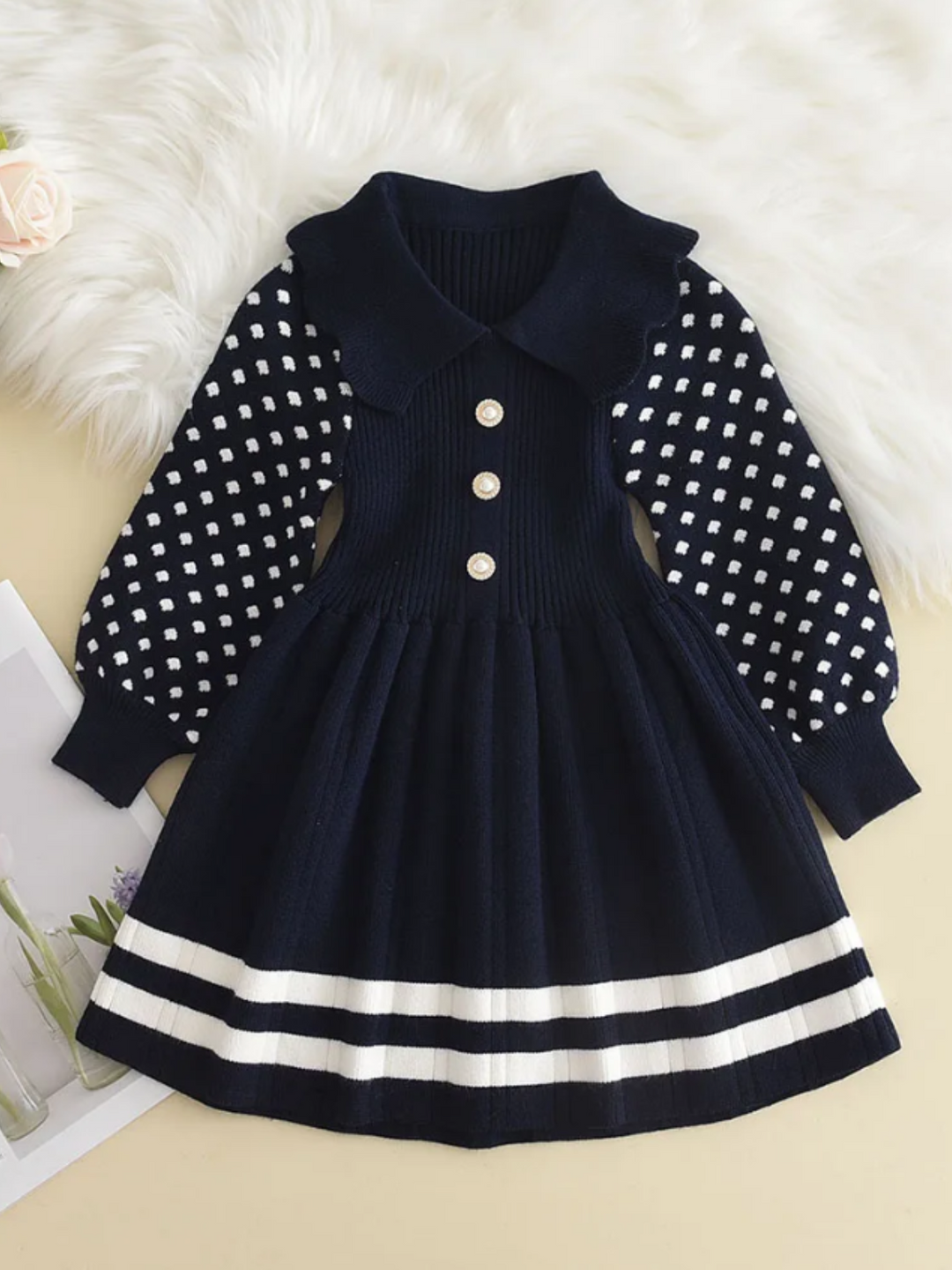 Adorable Polka Dot Sleeve Knit Dress with Elegant Pleats