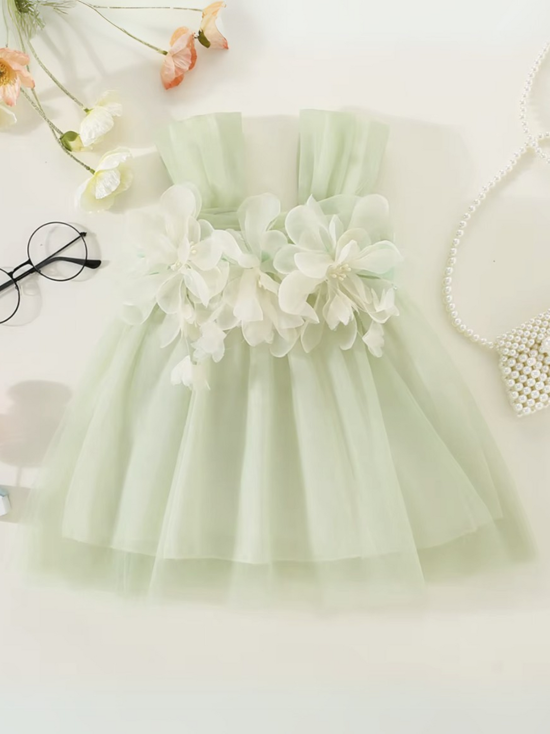 Girls Elegant Floral Tulle Sleeveless Party Dress