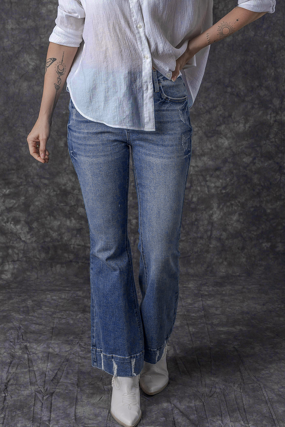 Womens Sky Blue Slight Distressed Medium Wash Flare Jeans