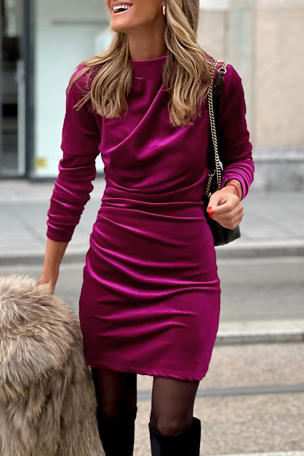 Womens Pitaya Pink Velvet Mock Neck Ruched Long Sleeve Bodycon Dress