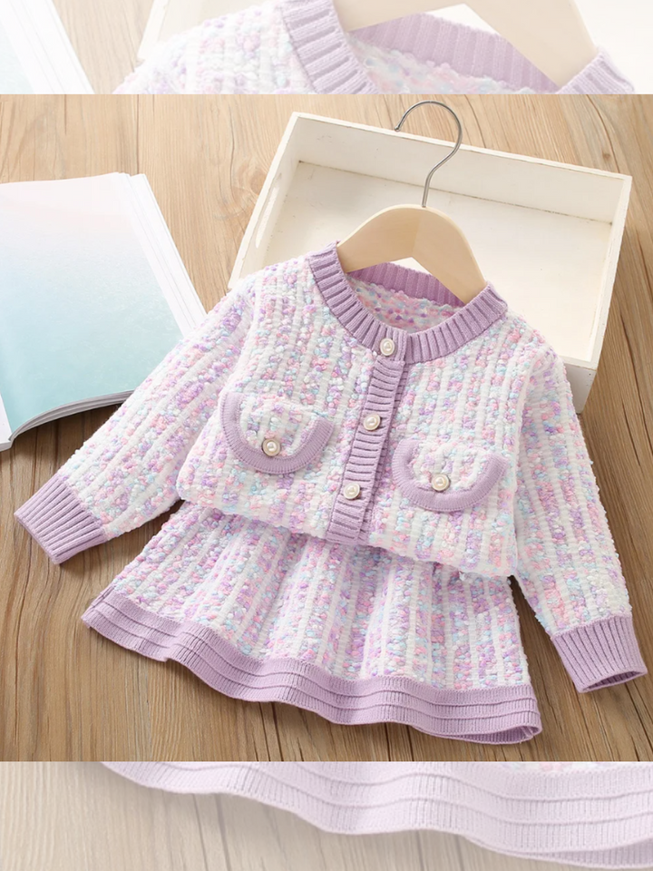 Charming Knit Pocket-Detail Girls' Jacket and Skirt Set