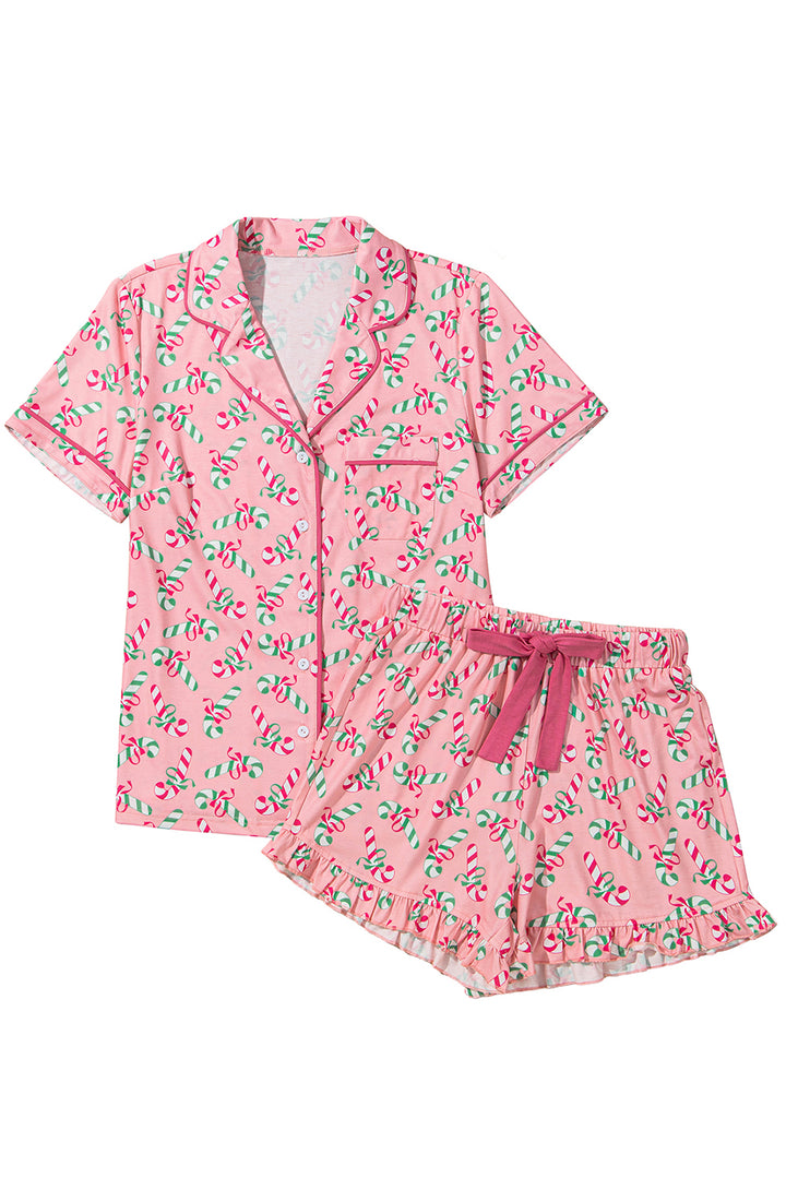 Womens Pink Christmas Candy Cane Print Pocketed Knotted Pajama Set