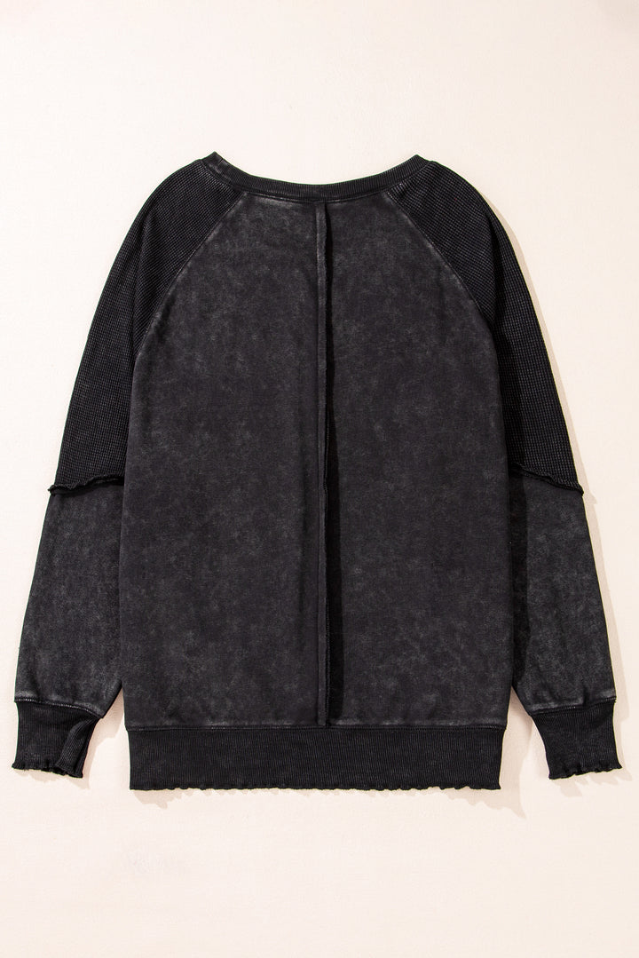 Womens Black Waffle Knit Raglan Sleeve Patchwork Sweatshirt