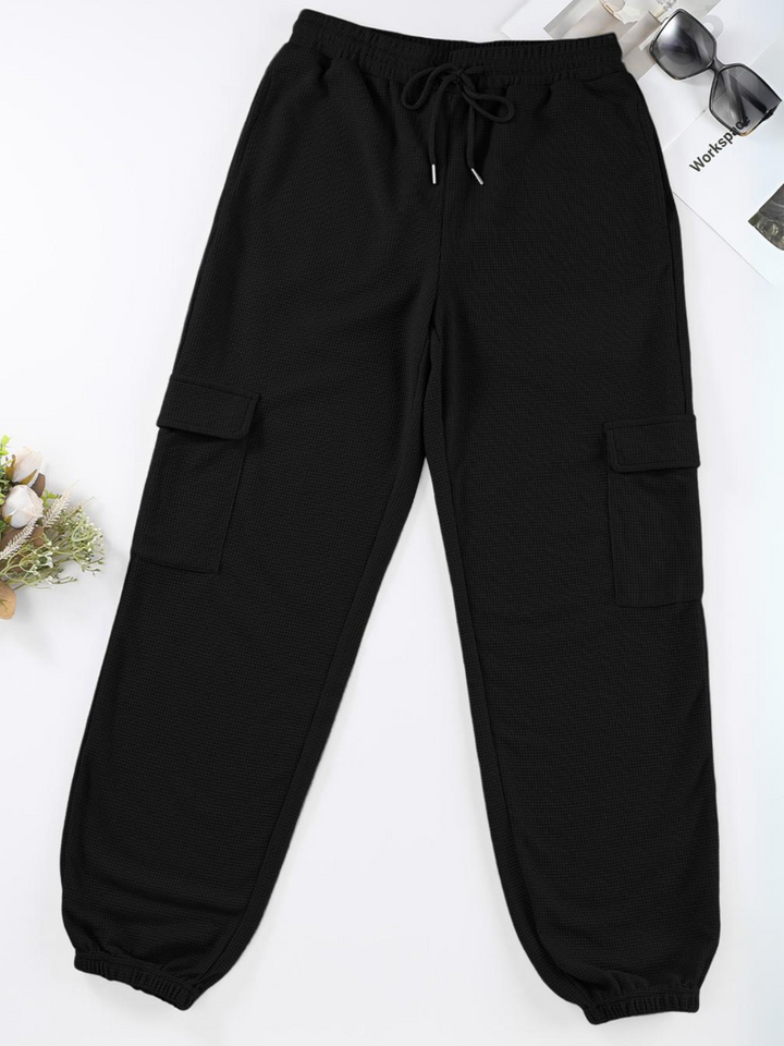 Womens Black Waffle Texture Cargo Pocket Jogger Pants