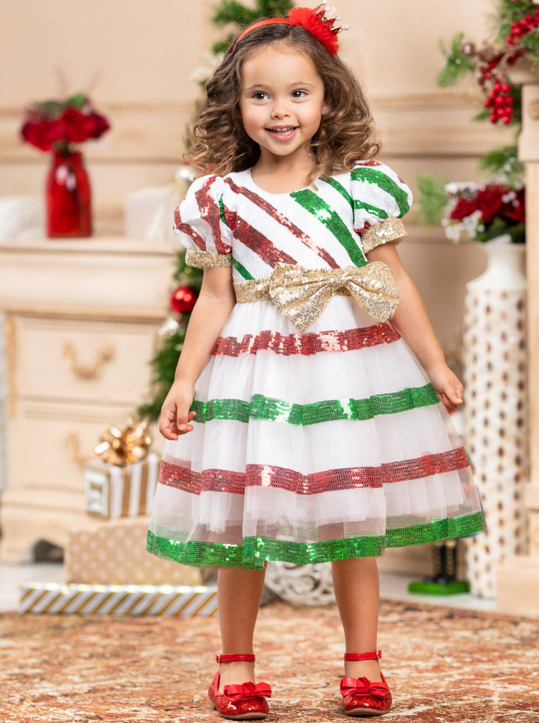 Girls Winter Formal Dress | Sparkle Striped Holiday Princess Dress