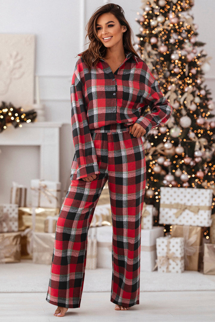 Womens Red Christmas Checkered Pattern Pajama Set