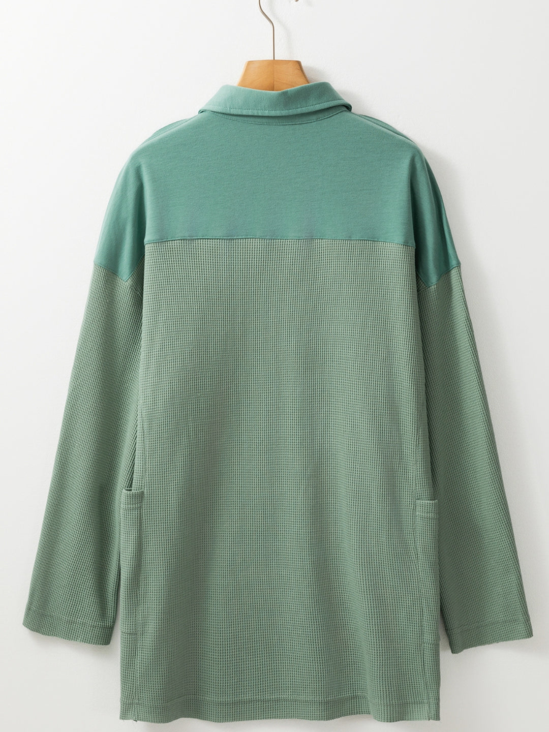 Sage Green Waffle Knit Button-Up Loose-Fit Collar Top